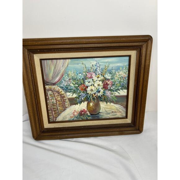Hand-Painted Floral Oil Painting On Canvas Artist Signed 12x11 Inches Framed - Picture 1 of 8